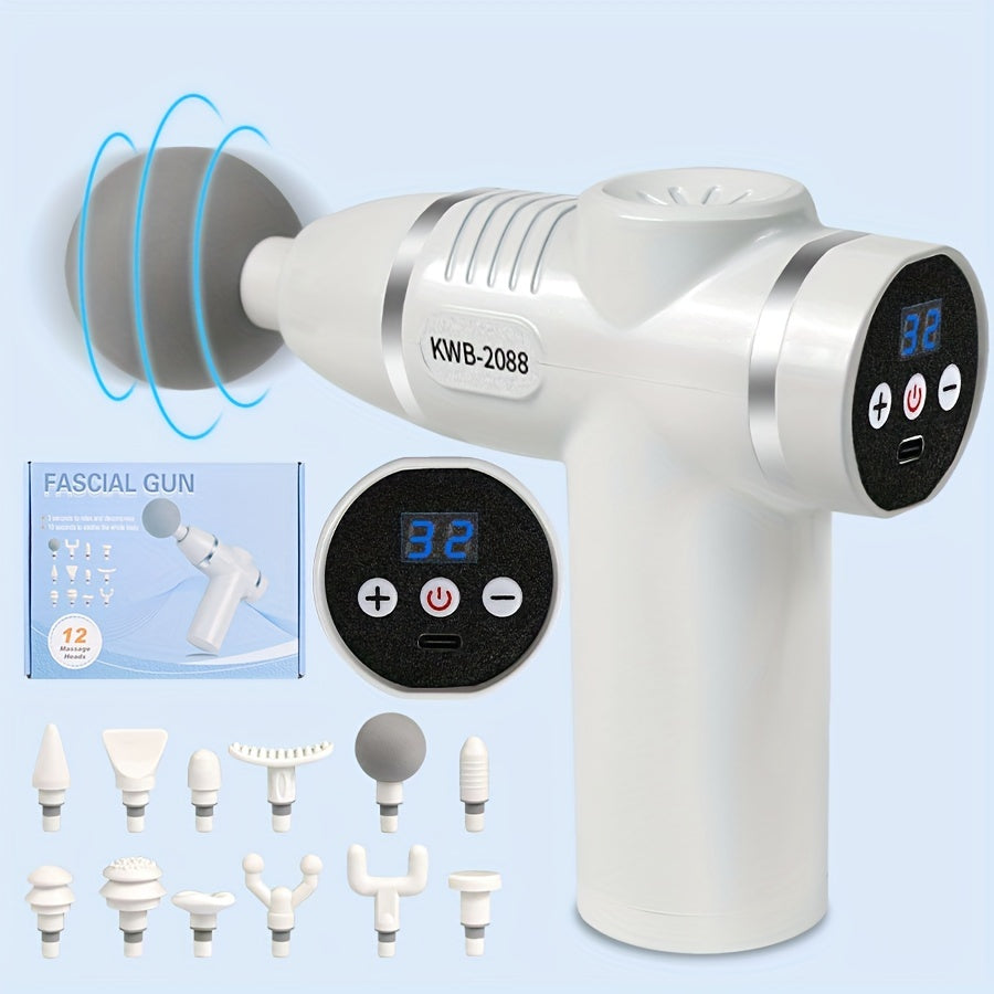 Portable Handheld 8-Speed Massage Gun with 12 Replaceable Heads(White)
