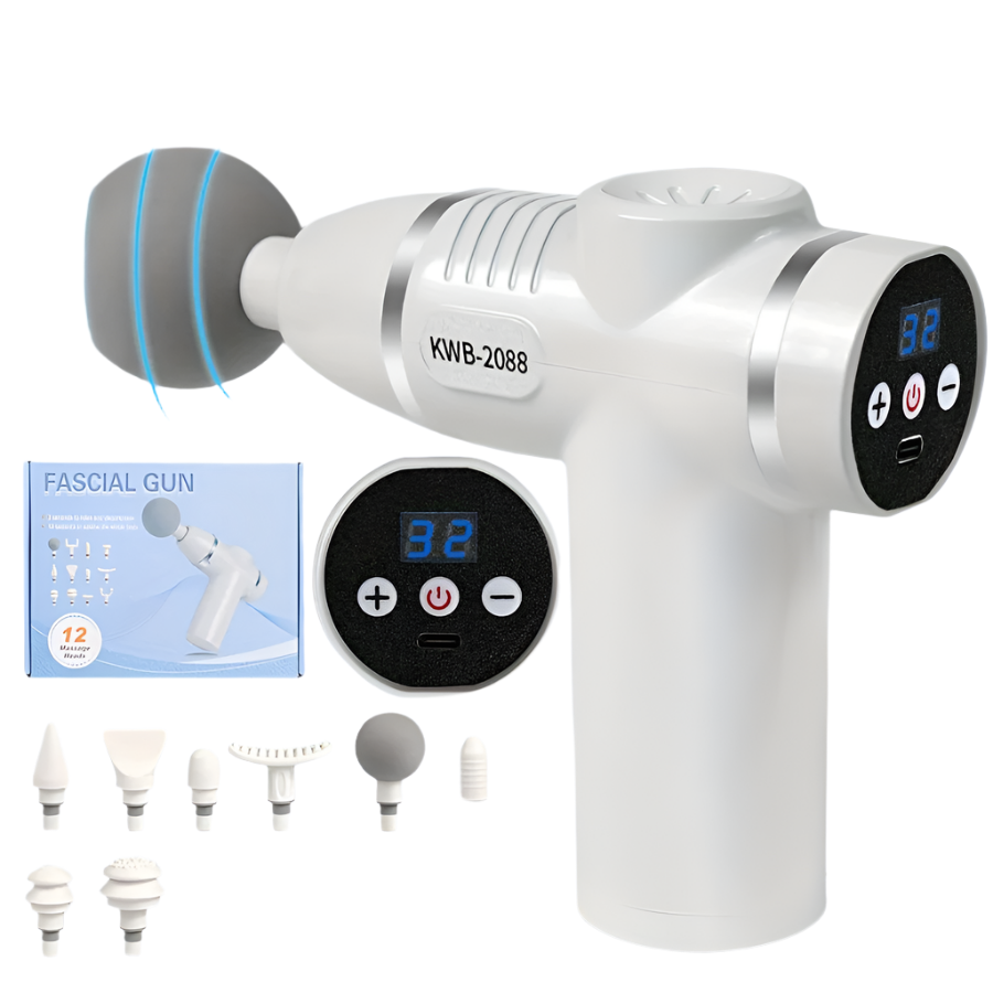 Portable Handheld 8-Speed Massage Gun with 12 Replaceable Heads(White)
