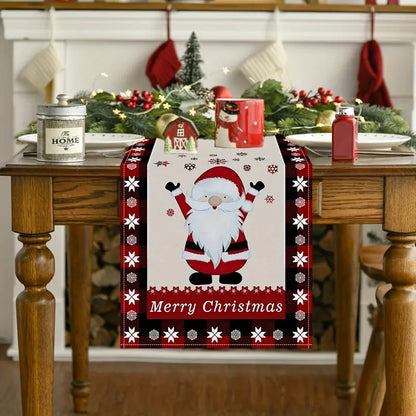 Seasonal Winter Holiday Table Runner - Red and Black Buffalo Check Plaid with Santa Claus & Snowflake Patterns