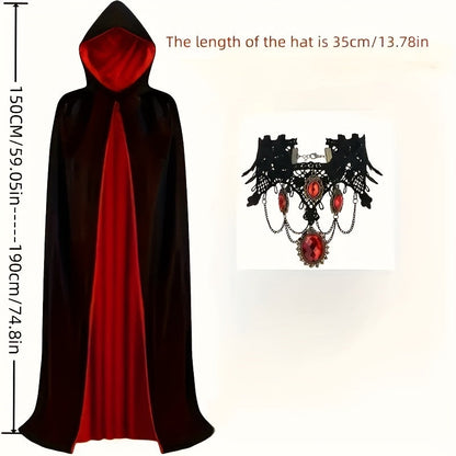 Halloween Vampire Cape Set with Necklace Earrings Hood