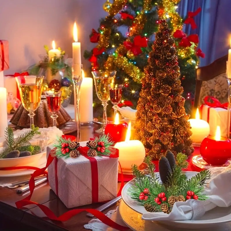 Set of 10 Artificial Christmas Picks - Festive Red Berry Holly Branches for Tree Decor