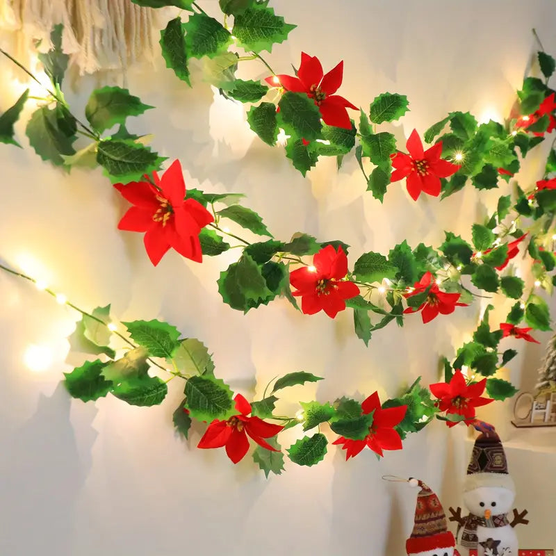 LED Lighted Christmas Red Flower Rattan Decoration - Battery Operated