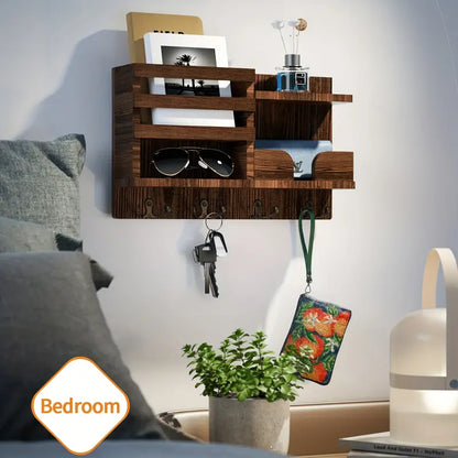 Traditional Wooden Wall-Mounted Storage Shelf with Hooks