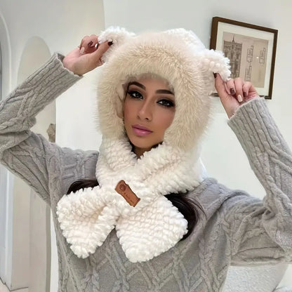 Winter White Cartoon Knitted Hat Scarf with Ear Warmer Toggle Closure