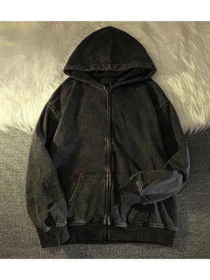 Retro Washed Zip-Up Streetwear Hoodie