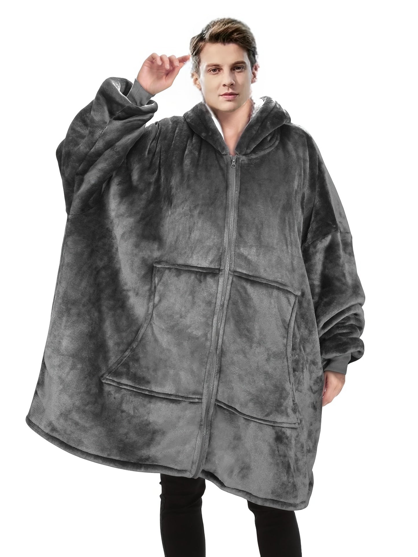 Men's Deep Gray Hooded Zip-Up Jacket