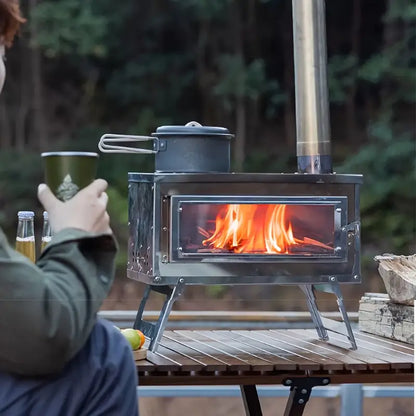 Stainless Steel Firewood Stove with Chimney - Outdoor Portable Camping Heater