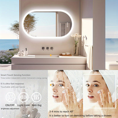1-Piece Oval Backlit LED Bathroom Mirror with Anti-Fog
