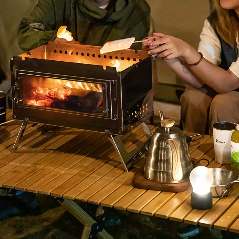 Stainless Steel Firewood Stove with Chimney - Outdoor Portable Camping Heater