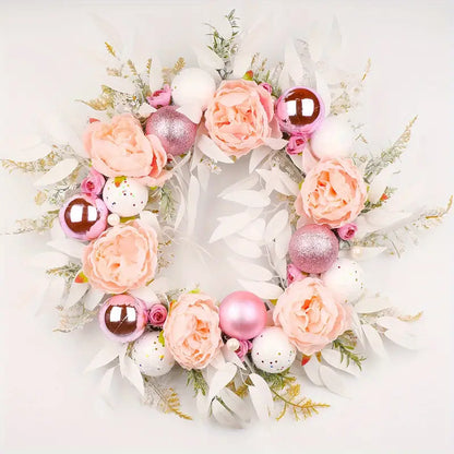 Blushing Elegance: A Pink Christmas Wreath Adorned with Baubles
