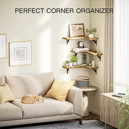 Rustic Wood Corner Wall Shelves for Elegant Display & Storage