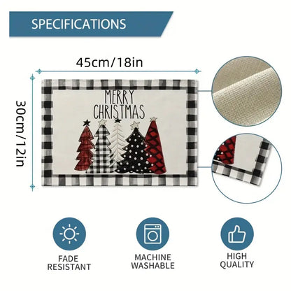 Set of 4 Buffalo Plaid Christmas Trees Placemats - Festive Winter Table Mats