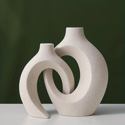 Set of 2 White Ceramic Vases - Modern Boho Decor