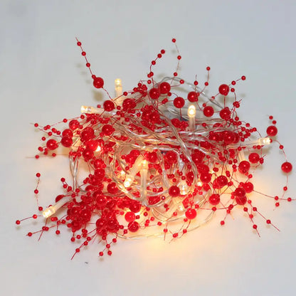 Red Pearl Chain String Lights - 20 LED Lighted Berry Beaded Garland