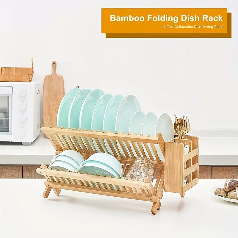 High Quality Natural Bamboo Dish Rack - Foldable and Compact