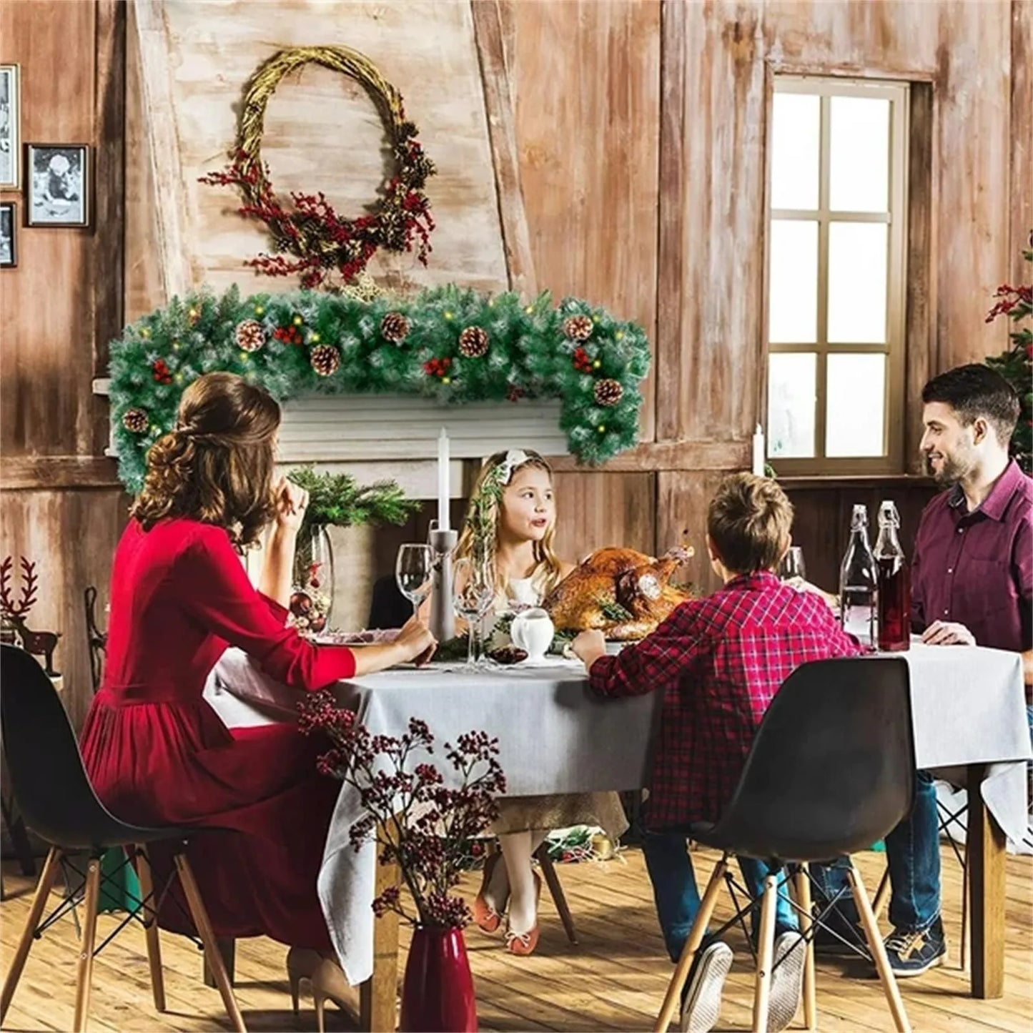 8.86ft/270cm Handmade Christmas Garland with Red Berry Branches