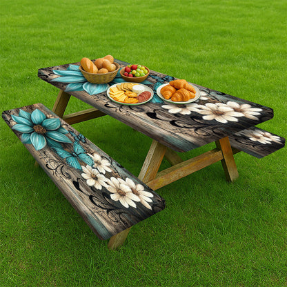 3pcs Striped Polyester Elastic Picnic Table Cover Set