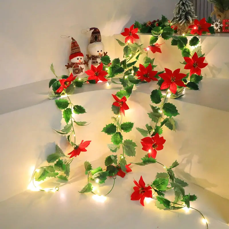 LED Lighted Christmas Red Flower Rattan Decoration - Battery Operated