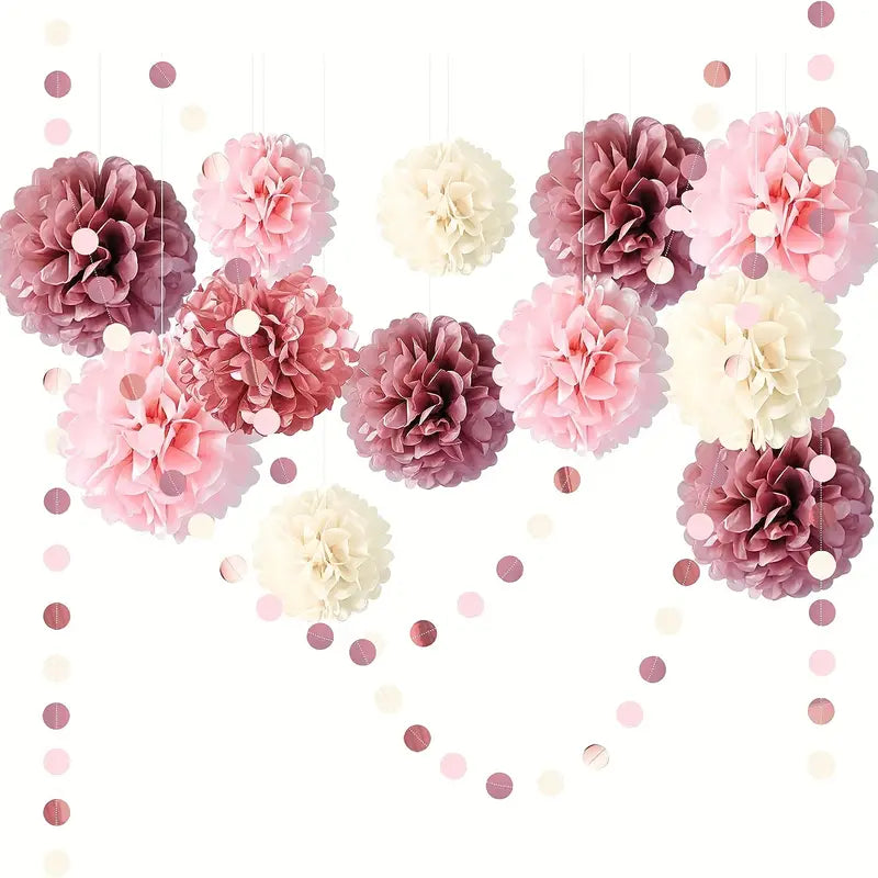 Dusty Rose Blush Pink Tissue Pom Poms Flowers Set - 15pcs Lotus Root Paper Flowers