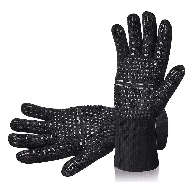 Fireproof Silicone BBQ Gloves - Heat Resistant, Cut-Resistant, Non-Slip (Black)