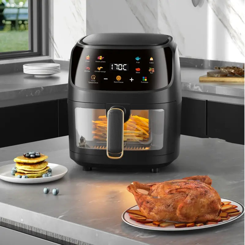 6L Large Capacity Visual Air Fryer with Color Touch Screen - Gray-Black