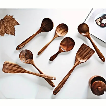 7-Piece Natural Teak Wooden Spoons for Cooking Set