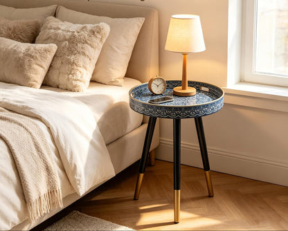 Outdoor Round Tray Table with Wooden Legs