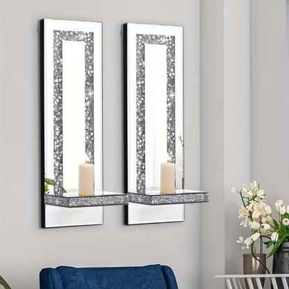 Wall Mirror Candle Holder Set with Silver Diamonds
