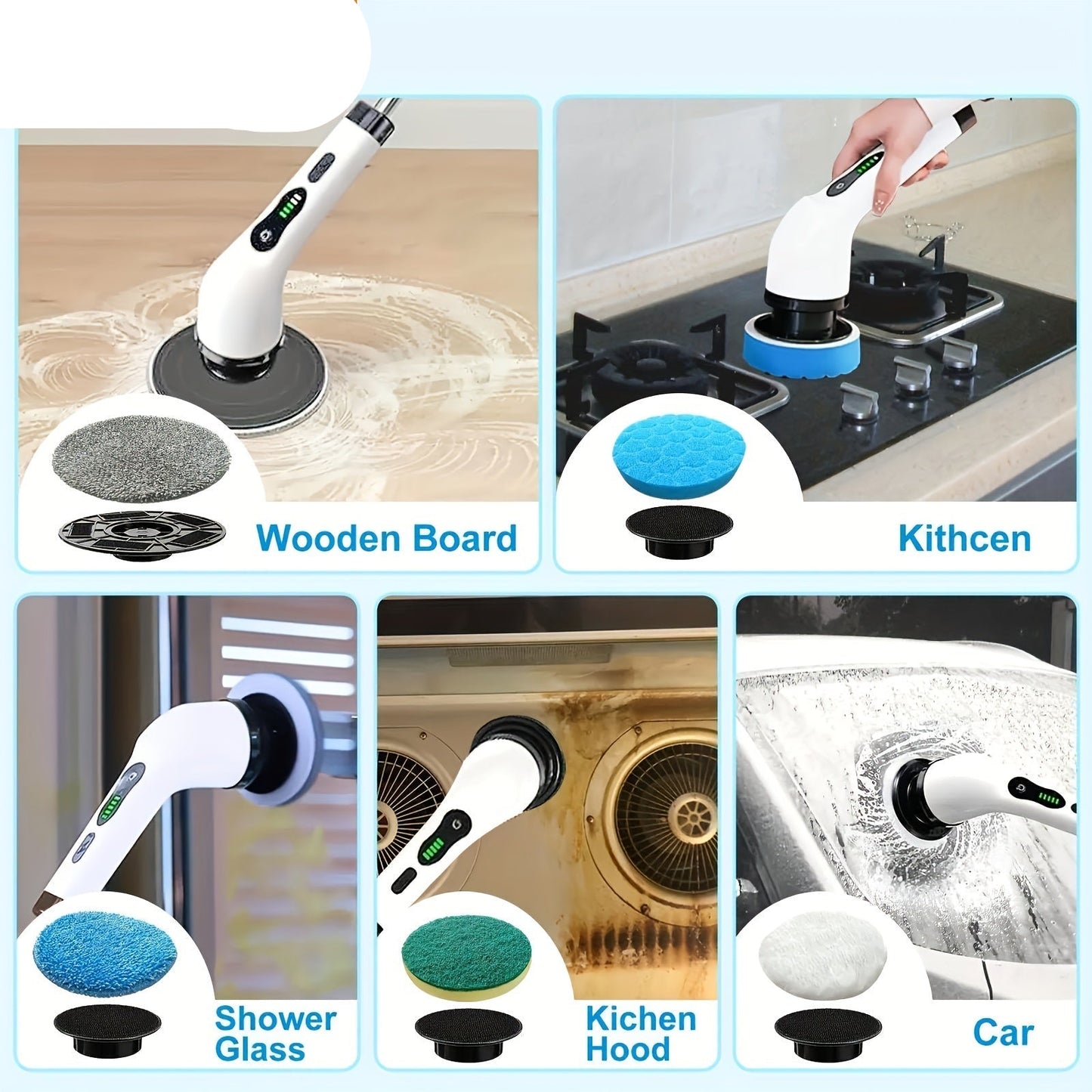 8 Brush Heads Cordless Electric Cleaner Handle