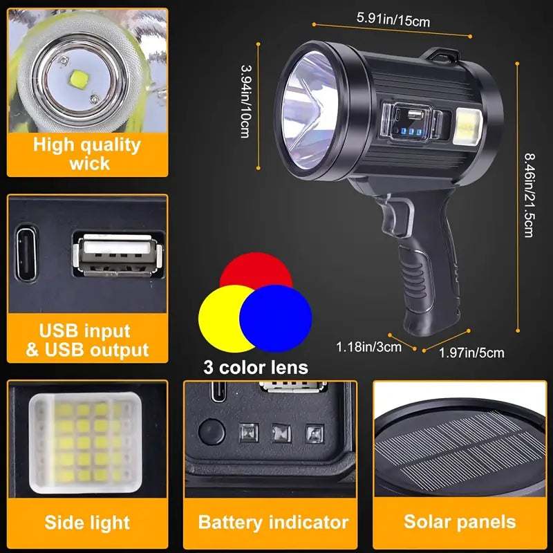 Ultra Bright Rechargeable Spotlight Flashlight with Color Filters - Perfect for Camping