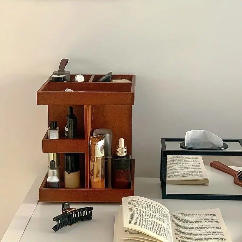 360° Rotating Wooden Cosmetic Storage Shelves - Brown Vanity Shelf