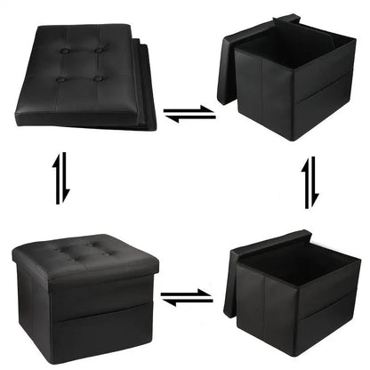 Black PU Leather Storage Ottoman: Folding Foot Stool with Thicker Foam