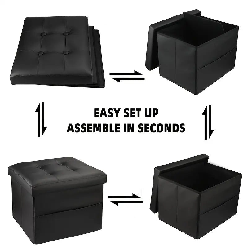 Black PU Leather Storage Ottoman: Folding Foot Stool with Thicker Foam