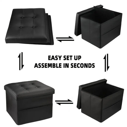 Black PU Leather Storage Ottoman: Folding Foot Stool with Thicker Foam