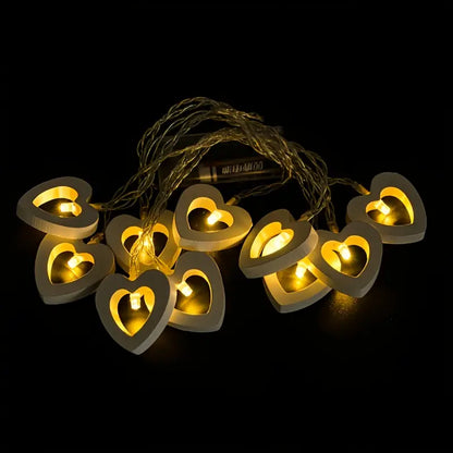 Romantic LED Heart-Shaped Wooden String Lights - 10 Lights, 4.9ft, Battery-Power(Warm White)ed