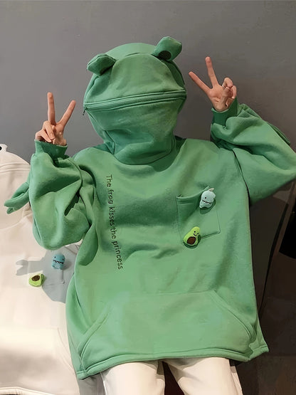 Cartoon Frog Fleece Zip-Up Hoodie