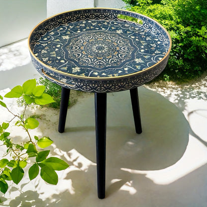 Outdoor Round Tray Table with Wooden Legs