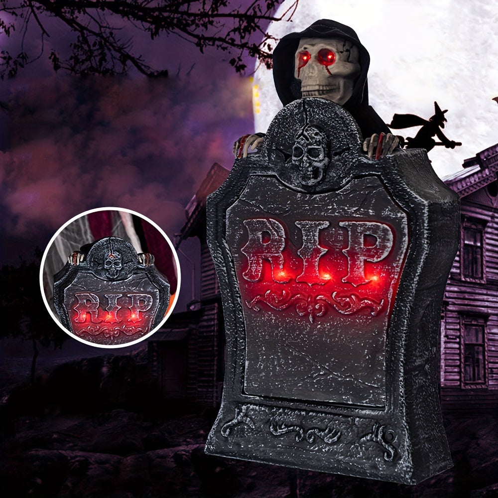Glowing Halloween Tombstone with Red Light Skull