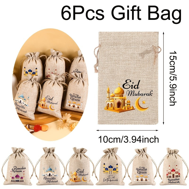 6-Pack Linen Burlap Gift Bags for Ramadan