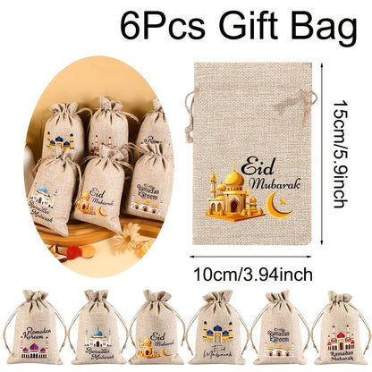 6-Pack Linen Burlap Gift Bags for Ramadan