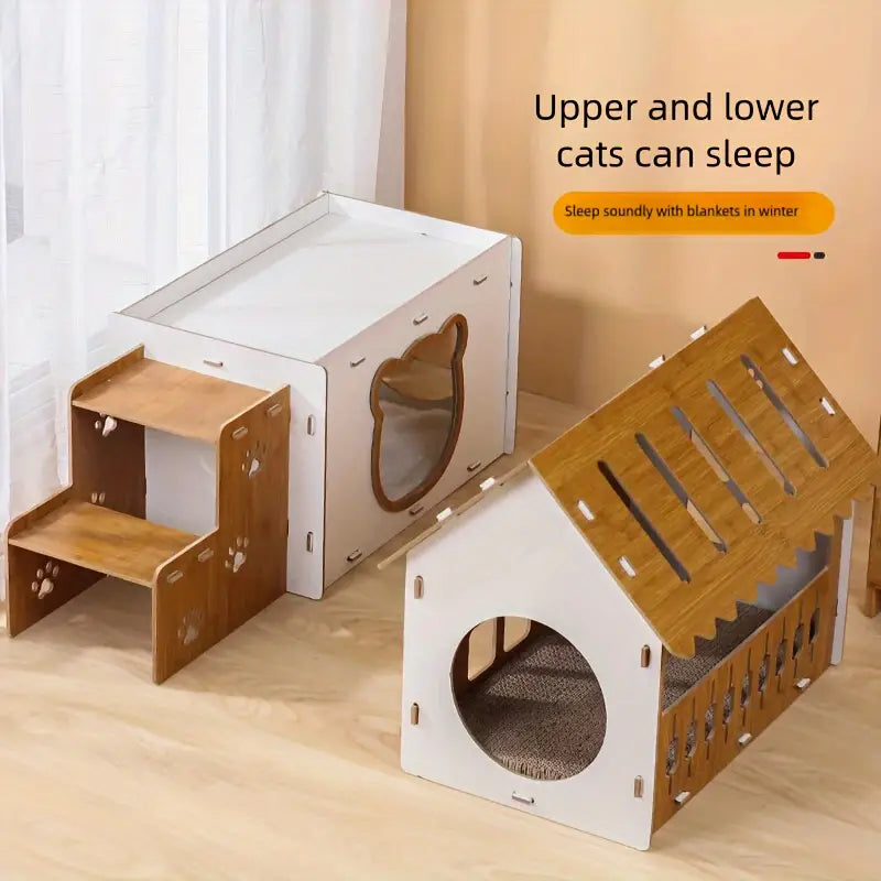 Villa-Style Cat Scratcher Cardboard House - Plaid Pattern