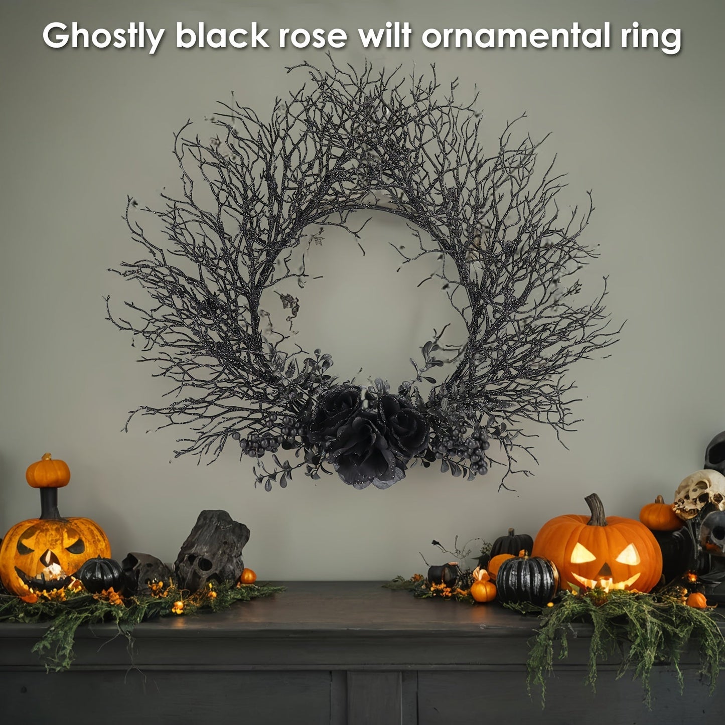 Halloween Deadwood Wreath Black Roses Wall Hanging
