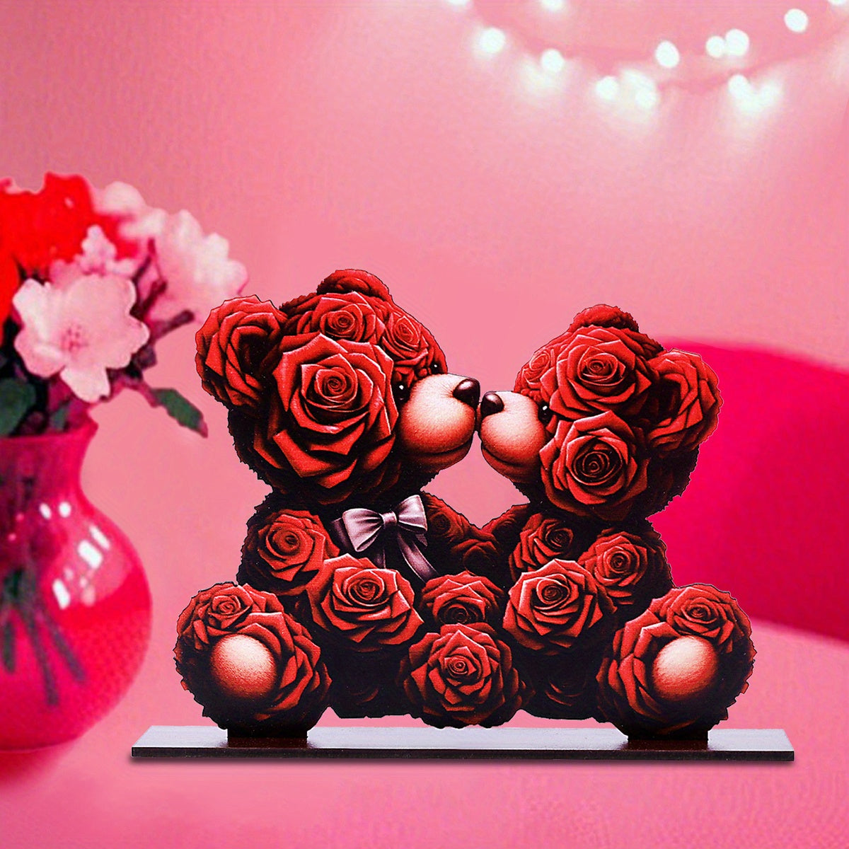Romantic Wooden Rose Bear Ornament