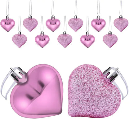 12pc Romantic Valentine's Day Plastic Heart Hanging Ornaments - Frosted Pink
