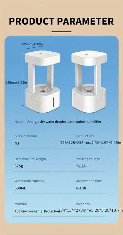 Levitating Plant Water Drop Humidifier - 580ML Cool Mist, Anti Gravity Design, USB Powered, Nightlight