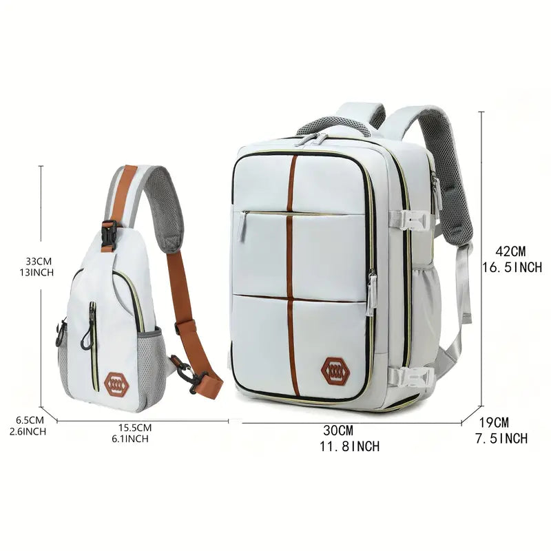 Travel Backpack with Airline-Approved Laptop Compartment and Shoes Compartment - Silver Gray and Chest Bag