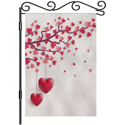 Valentine's Day Garden Flag - Double-Sided Tree with Paper Leaves & Hanging Hearts Burlap Yard Decor (31.75 x 45.72 cm)