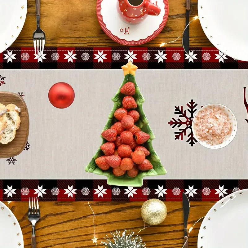 Seasonal Winter Holiday Table Runner - Red and Black Buffalo Check Plaid with Santa Claus & Snowflake Patterns