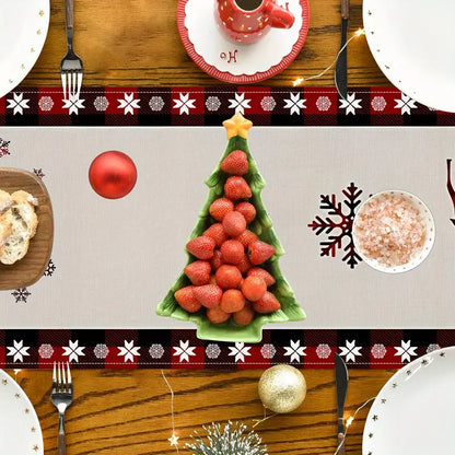 Seasonal Winter Holiday Table Runner - Red and Black Buffalo Check Plaid with Santa Claus & Snowflake Patterns