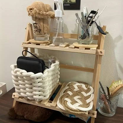 Organize in style with this sturdy wooden double-layer trapezoidal storage rack